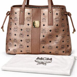 MCM Visetos Tote Bag Rose Gold Metallic Leather Medium With Dust Bag